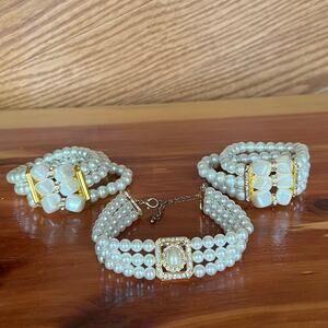 Beaded Faux Pearl Stretch Bracelets Chunky Costume Jewelry 3 Pieces Rhinestone
